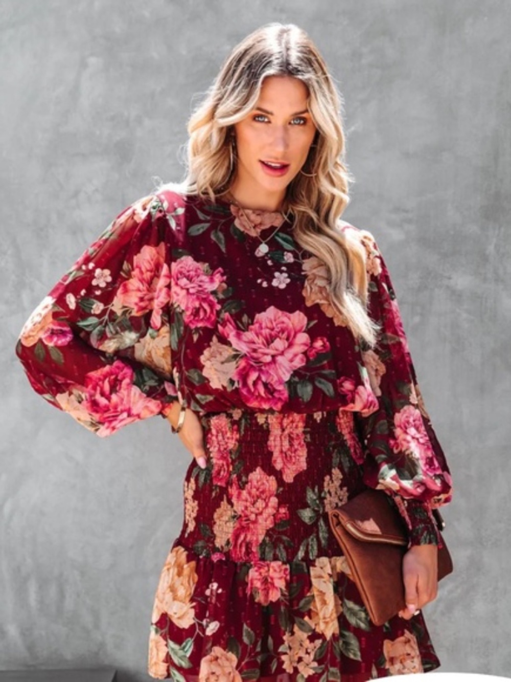 Flying Tomato Burgundy Floral Long-Sleeve Dress with Pink & Peach Blooms